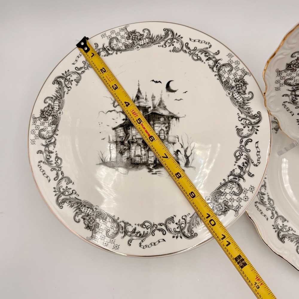 Gothic Haunted House Toile Cake Stand and Dinner Plates Set of 3 Gold Rim - Picture 4 of 7